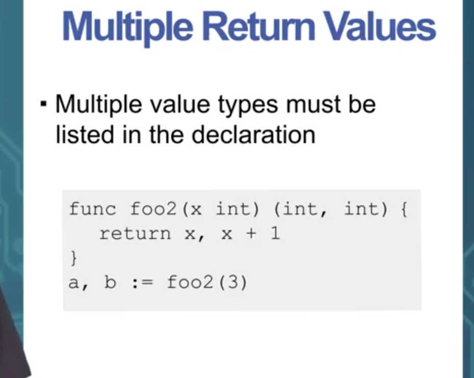 <ul><li><p>Comma separate the values returned.</p></li><li><p>In the function definition, comma separate the types of the return values in the same order as the return values themselves</p></li></ul><p></p>