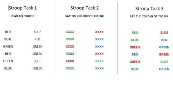 <p>task to assess flexibility and behavioral inhibition</p><ul><li><p>conflict between rapid automatic response to read word and rule to read color</p></li><li><p>requires active suppression of rapid response in favor of slower response</p></li><li><p>performance impaired in schizophrenia, ADHD, depression, addictive disorders</p></li></ul><p></p>