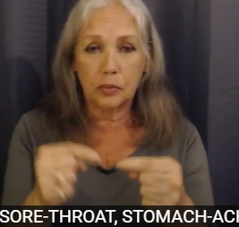 whereever you are hurting use both hands to make uwu sign with pointer fingers going together in the middle in and out 