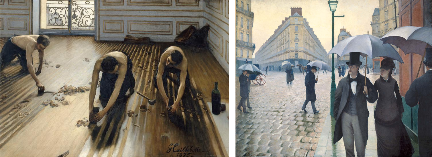 <ul><li><p><span>depictions of daily life while imitating photographic characteristics like sharp focuses, framing, and cropping</span></p></li><li><p><span><strong>The Floor Scraper</strong></span></p></li><li><p><span><strong>Paris Street, Rainy Day</strong></span></p></li></ul><p></p>