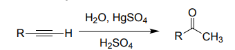 <ul><li><p>Terminal alkyne → <strong>methyl ketone</strong> (Markovnikov).</p></li><li><p>Proceeds via enol → keto.</p></li><li><p>Needs Hg²⁺ catalyst.</p></li><li><p>Internal alkynes → ketones.</p></li></ul><p></p>