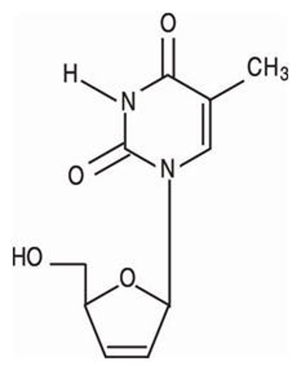 <p>pyrimidine nucleoside analog that acts through competitive RT inhibitiona nd DNA chain termination (NRTI)</p>