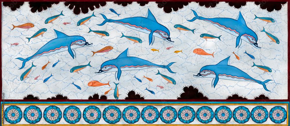 <p>Dolphin Fresco (c. 1700 BCE)</p><ul><li><p>Artist Unknown, Minoan, Paint on Plaster</p></li></ul><p></p>