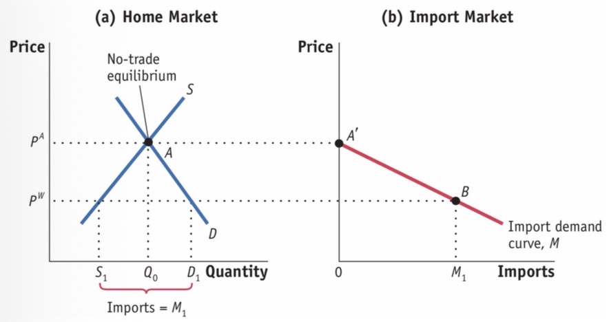 <p>Determined by home market (small OR the other country) ‘s no trade equilibrium and the (D1-S1=M1)</p>