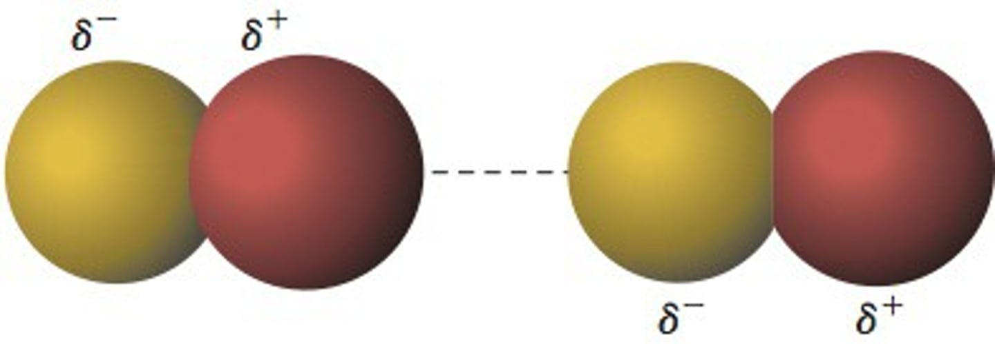 <p>an attraction between regions of PERMANENT POLAR molecules (x, y of EN doesn't cancel) that have partial charges of opposite sign</p><p>H-Bond counts as D-D when also interacting w/ lone pair</p>