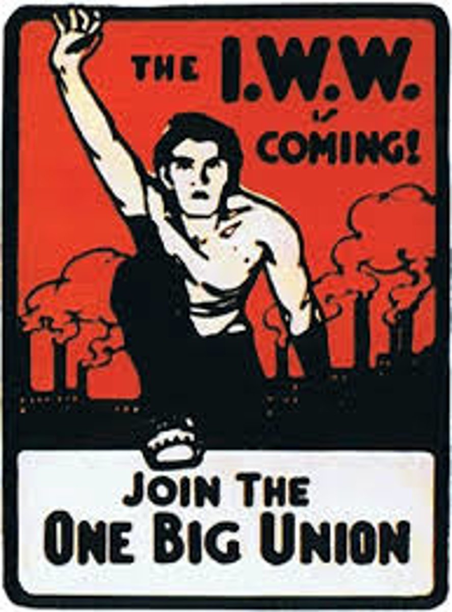 <p>Founded in 1905, this radical union, also known as the Wobblies aimed to unite the American working class into one union to promote labor's interests. It worked to organize unskilled and foreign-born laborers, advocated social revolution, and led several major strikes. Stressed solidarity.</p>
