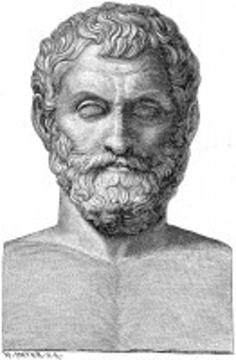 <p>lived c. 624-548 BC: a Greek philosopher who was considered the Father of Science and the first Western philosopher. He was interested in nature, geometry, and predicted a solar eclipse. He suggested that water was the fundamental substance of the universe.</p>