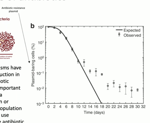 <ul><li><p>most resistance mechanisms have an associated fitness reduction/cost to maintain them when not in the presence of antibiotics</p></li><li><p>but, continuous selection (presence of the antibiotic) is important to maintain a plasmid in a homogenous bacterial population or a genetic trait in a mixed population</p></li><li><p>So, reducing antibiotic use (selection) should reduce antibiotic resistance rates</p></li></ul><p></p>