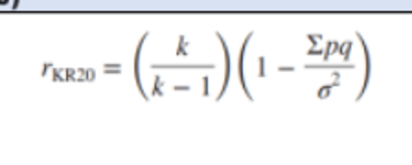 <p>o Named because it was the 20th formula developed in a series.</p><p>• Determining the inter-item consistency of dichotomous items.</p><p>o Items that can be scored right or wrong (Eg. multiple-choice items).</p><p>o k: The number of test items.</p><p>o σ2: The variance of total test scores.</p><p>o p: The proportion of test takers who pass the item.</p><p>o q: The proportion of people who fail the item.</p><p>o Σ pq: The sum of the pq products over all items.</p>