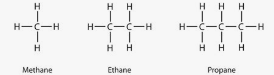 <p>methane (CH4)</p><p>ethane (C2H6)</p><p>propane (C3H8)</p><p>(all pictured)</p>