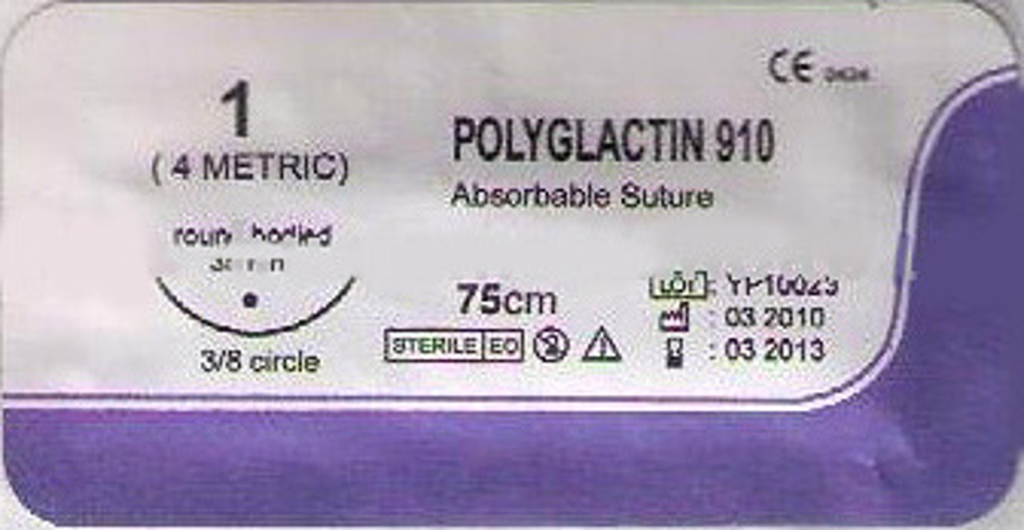 <p>type: polyglactin 910 gylcolide and lactide</p><p>package color: VIOLET</p><p>suture color: VIOLET / UNDYED</p><p>usage: long term tensile strength</p><p>- multifilament absorbable</p><p>absorption: 40 days</p><p>tensile strength: 50% in 21 days</p><p>tissue reaction: minimal</p>