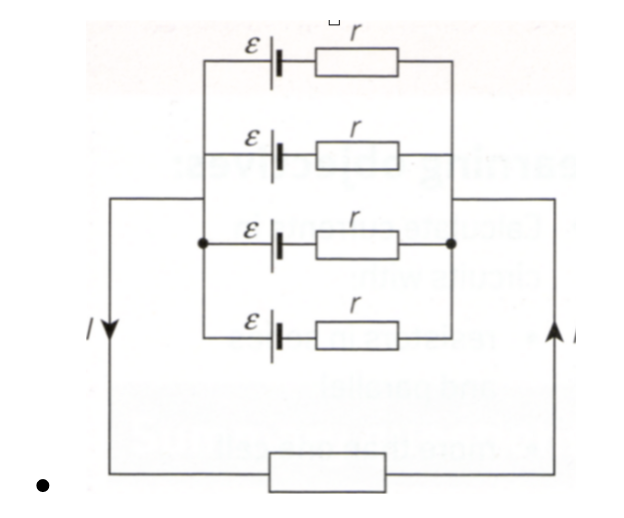<ul><li><p>For a circuit with n identical cells in parallel the current through each cell = l / n , where l is the total current applied by the cells</p></li><li><p>So the lost P.D. in each cell - I/n r = Ir/n, where r is the internal resistance of each cell</p></li><li><p>So the terminal PD across each cell, V = ε- Ir/n</p></li></ul><p></p>