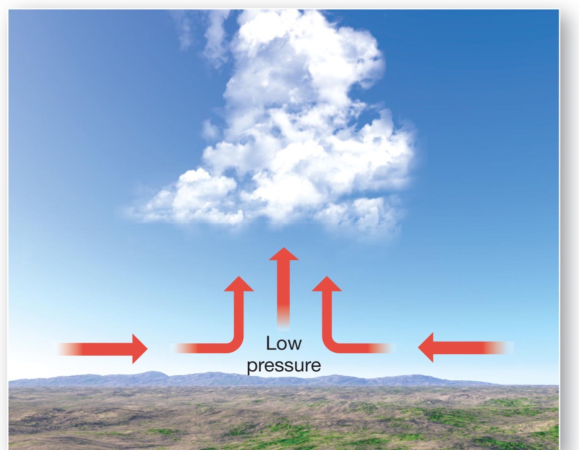 <p>Along the equator, <span>trade winds meet, air rises, heavy rain. </span>Great uplift occurs, towering cumulonimbus clouds form and high average annual precipitation.</p>