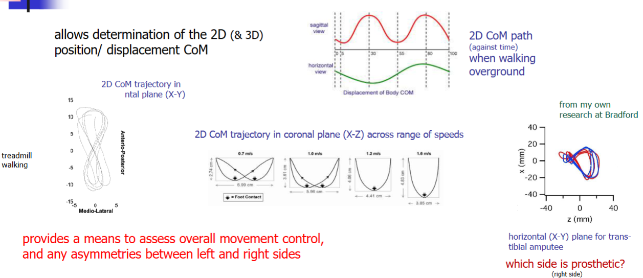 <ul><li><p>Used to assess standing balance: knowing the CoM position relative to CoP position allows us to understand how postural control during standing works.</p></li><li><p>Used to assess overall movement control and asymmetries between left and right side: by determining 2D and 2D displacement of CoM. </p></li><li><p>Used to discuss energetics of the CoM: the CoM trajectory is sinusoidal. The highest CoM means highest PE and the lowest CoM position means the highest KE. Looking at segment energy exchange is the internal mechanical work of moving and CoM energy exchange is the external work being done to move the CoM which is done through the internal mechanical work (limbs).</p></li></ul><p></p>
