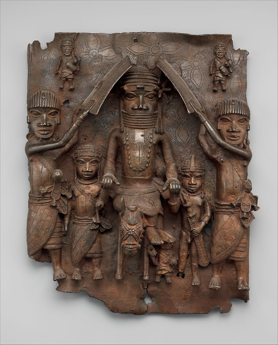 <p>“In this brass plague, the seated figure in the middle is the king of the Benin Kingdom in West Africa. Kneeling beside him are two attendants. The two smaller figures in the back represent Portuguese traders. The date of its creation is uncertain, but it is no earlier that the 15th century.”</p><ol start="23"><li><p>The plague provides evidence for a historian studying…</p></li></ol><p></p>