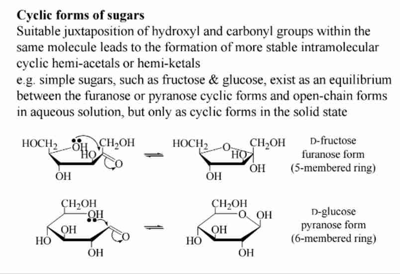 <p><span>Intramolecular hemiacetals form stable cyclic structures (e.g., glucose as pyranose).</span></p>