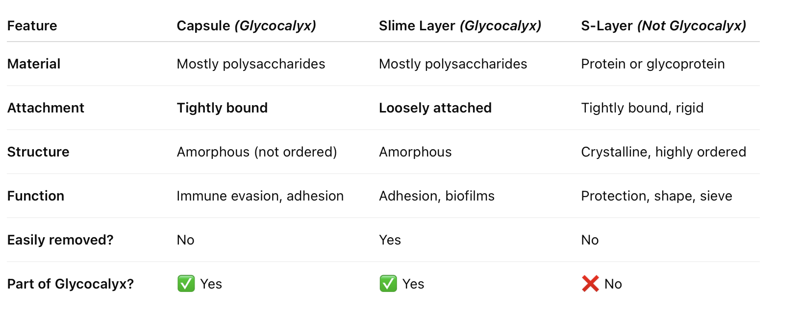 <p>S-layers and some capsules are composed of proteins. Know how these differ.</p>