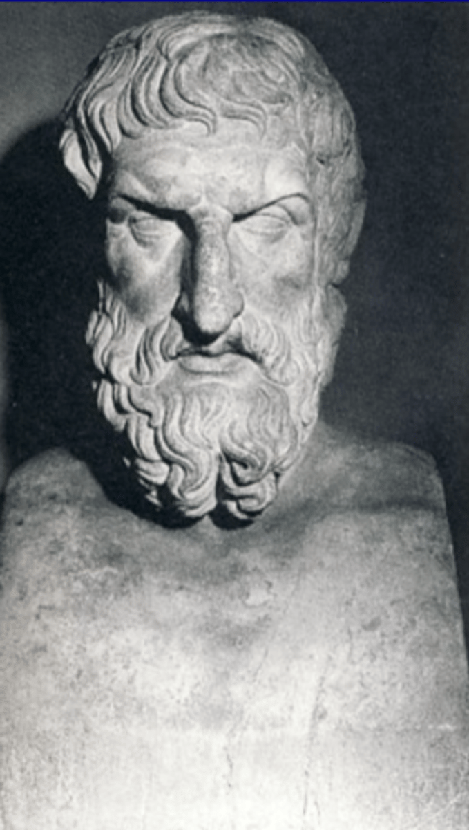 <p>herm. Rome, Capitoline Museum. Roman copy. original ca. 3rd c. BCE Very messy, wavy hair. Very serious thinking face, brow furrowed.</p>