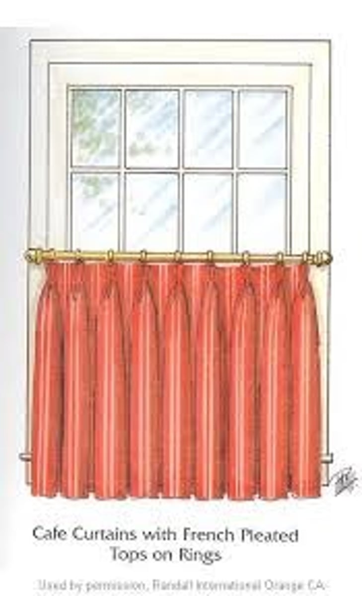 <p>Only the lower portion of the window is covered, are stationary and usually on rods with rings. Generally used to create privacy in a kitchen or bathroom. It can have gathered, pleated, or scalloped headings. Invented by a french restaurateur.</p>