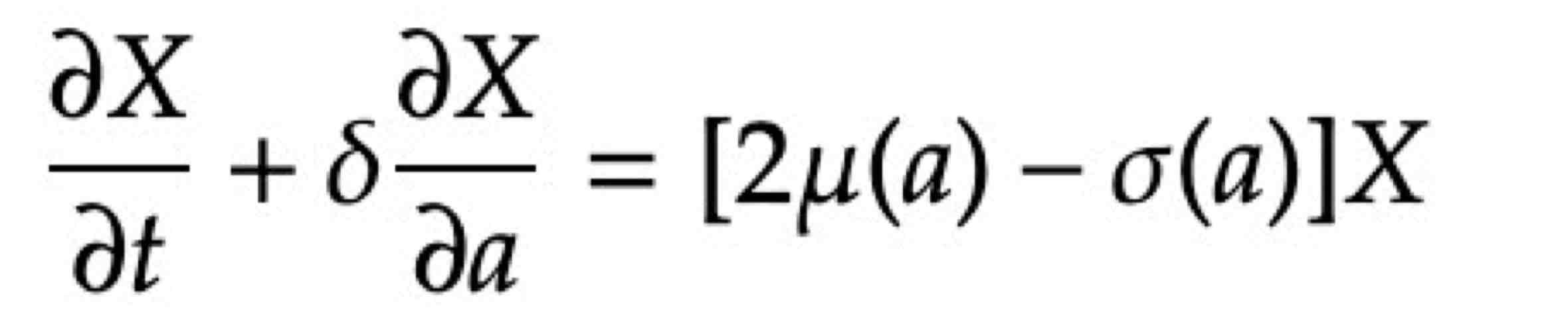 <p>where</p><p>X = # of cells → dependent on time (t) and cell maturity (a)</p><p><span style="font-family: Google Sans, Roboto, arial, sans-serif">δ</span> = Rate of Differentiation</p><p>a = State of differentiation of a cell</p><p>σ(a) = Apoptosis function</p><p>μ(a) = Growth function</p><ul><li><p>When cells grow to full differentiation a = 1.</p></li></ul>