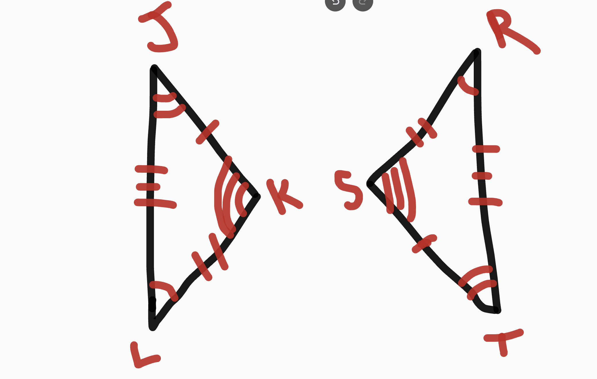 <p>&lt;R</p><p>&lt;T</p><p>&lt;S</p><p>Side TS</p><p>Side SR</p><p>Side RT</p><p><em>to show congruency, the sign is and equal sign with a squiggle on top of it</em></p><p><em>to show congruence in sides, put a line over the top of the letters of the sides</em></p>