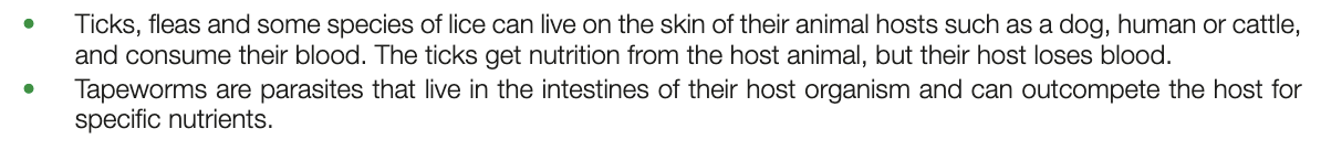 <ul><li><p>one benefits, other is harmed</p></li><li><p>invovles organisms called parasite harming organism called host</p></li><li><p>e.g. on image </p></li></ul><p></p>