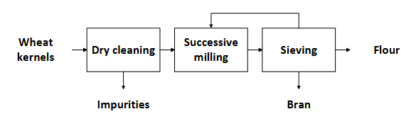 <p>Example of wheat kernels → flour</p><ul><li><p>Milling is for separating bran (hard part of wheat) from the rest. </p></li></ul><p></p>