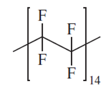 <p><span>Determine molecular weight of poly tetrafluoroethylene(Teflon) (C<sub>2</sub>F<sub>4</sub>)<sub>n</sub></span></p><ul><li><p><span>2 carbon atoms and 4 fluorine atoms per repeat unit</span></p></li><li><p><span>First determine atomic mass of individual components (will be provided)</span></p></li><li><p><span>Atomic mass of carbon = 12 g/mole</span></p></li><li><p><span>Atomic mass of fluorine = 19 g/mole</span></p></li><li><p><span>2(12 g/mole) + 4(19 g/mole) = 100 g/mole/repeat unit</span></p></li><li><p><span>Since there are 14 repeat units in this polymer chain, the molecular weight of the polymer equals 14 times the molecular weight of the repeat unit, plus 2 hydrogen atoms, one to terminate each end of the polymer chain:</span></p><ul><li><p><span>100 g/mole/repeat unit <em> 14 repeat units + 2 hydrogen atoms</em> (1 g/mole hydrogen) = 1,402 g/mol</span></p></li></ul></li></ul><p></p>