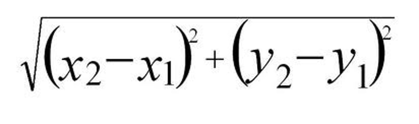 <p>D = √(x₂ - x₁)squared+ (y₂ - y₁)squared</p>