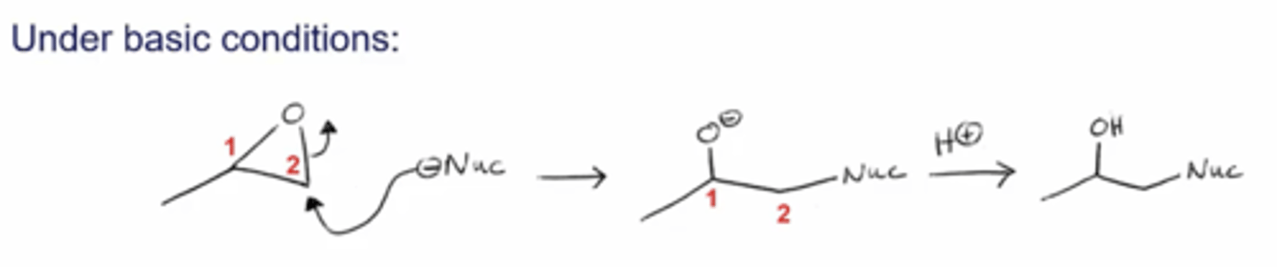 <p>the nucleophile will attack the carbon of the epoxide that's less substituted, opening the epoxide and producing an OH on the more substituted side and a Nu on the less substituted side</p>