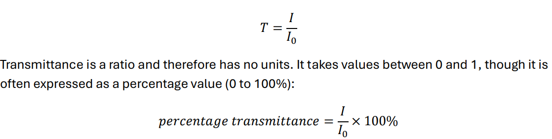 <p>By calculating transmittance</p><ul><li><p><strong>I₀</strong> represents the <strong>incident light intensity</strong> — the amount of light that initially hits the sample before passing through it.</p></li><li><p><strong>I</strong> represents the <strong>transmitted light intensity</strong> — the amount of light that successfully passes through the sample.</p></li></ul><p></p>