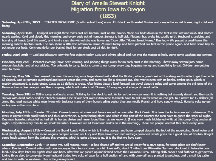 <p>(Topic 5.2) Diary of Amelia Stewart Knight</p>