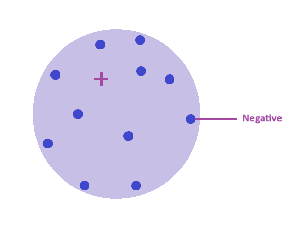 <p>Small negative particles (electrons) embedded // </p><p>in a positive sphere</p>