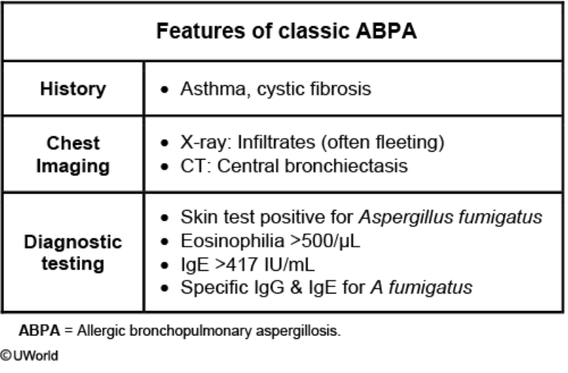 <p>Recurrent asthma exacerbations with fever, brown mucus plugs, peripheral eosinophilia, and bronchiectasis due to hypersensitivity to Aspergillus; initial diagnostic step is Aspergillus skin testing.<br><br>Summary: </p><p><strong>Long standing asthma</strong>+ <strong>recurrent exacerbations with fever and thick brown sputum</strong> that improve with <strong>prednisone</strong> are classic for ABPA. </p>