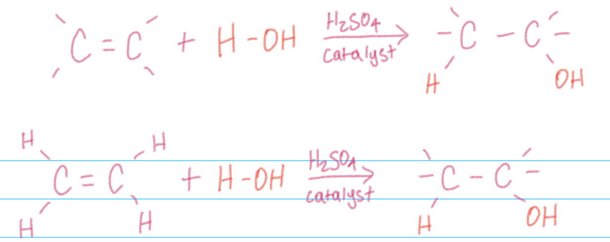 <p>Addition of water to alkenes</p><p>think of water as H-OH</p><p>Not the same as X-Y addition, alkene will not react with pure water alone —&gt; needs a strong acid catalyst (H2SO4)</p><p>Yields an alcohol (R-OH)</p><p>Can have a major product —&gt; use Markovnikov’s rule to determine</p>