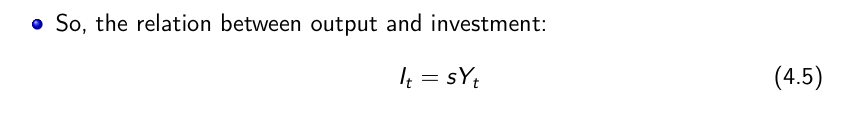 <p>Investment is proportional to output.</p><p>The higher (lower) output is, the higher (lower) is saving and so the higher (lower) is investment.</p>