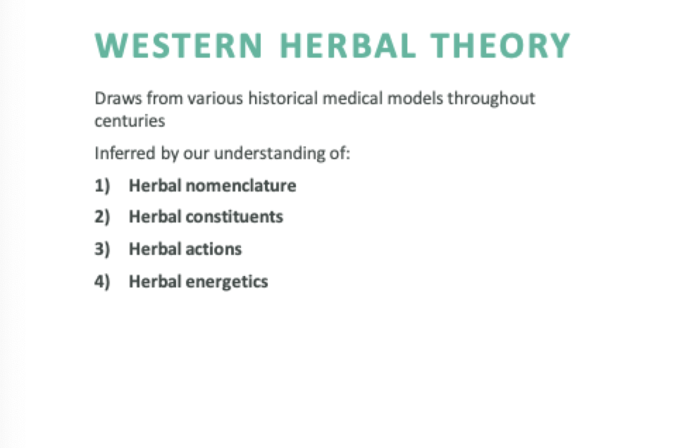 <p>1) Herbal nomenclature. 2) Herbal constituents. 3) Herbal actions. 4)Herbal energetics</p>