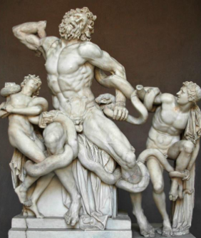 <ul><li><p>Greek Arts</p></li><li><p>Hellenistic Period</p></li><li><p>Hellenistic Notable Statues</p></li><li><p>The statue ___ 200 BCE also known as ‘Lacoon Group’ was originally created by three great Greek sculptors from Rhodes namely <strong>Agesander</strong>, <strong>Polydorus </strong>and <strong>Athenodoros</strong>. </p></li><li><p>The life-size statue is made of marble and depicts a Trojan priest named Lacoon, together with his sons Thymbraeus and Antiphantes, being throttled by sea serpents.</p></li></ul><p></p>