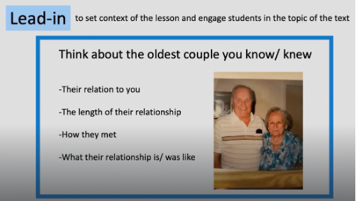 <p><strong><u>Lead-in - TASK CYCLE</u></strong></p><p><strong>Instructions</strong> -Think about the oldest couple you know. Answer the 4 questions.</p><p><strong>Work Alone</strong>: Ss think</p><p><strong>Pair Check:</strong> (If time allows) Ss discuss their answers in BORS or</p><p><strong>Whole Class Feedback (WCFB)</strong>: 2-3 Ss answer</p><p></p>