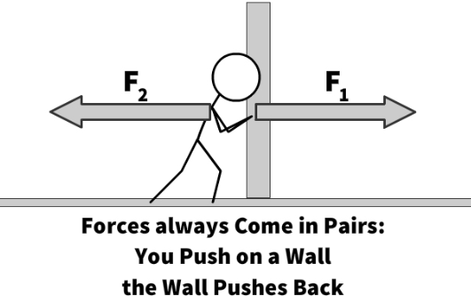 <p>For every action (force) in nature there is an equal and opposite reaction<span style="font-family: Google Sans, Roboto, arial, sans-serif; color: rgb(232, 234, 237)">. If object A exerts a force on object B, object B also exerts an equal and opposite force on object A.</span></p>