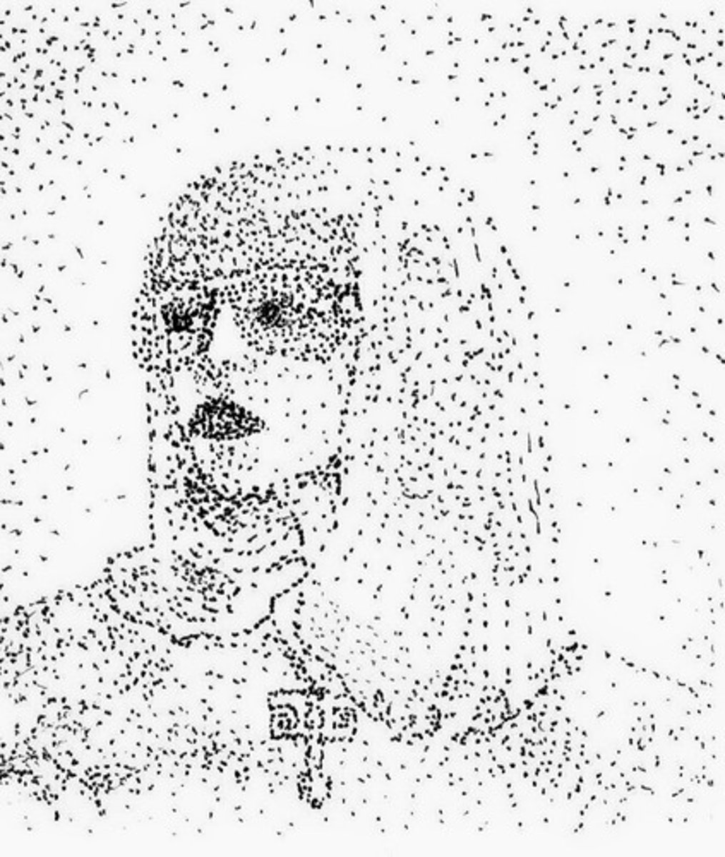 <p>placing individual dots across a surface in a pattern that will be identifiable, especially when viewed from a distance</p>