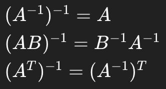 <ul><li><p>Products of invertible matrices are invertible </p><ul><li><p>Order reverses in inverses</p></li></ul></li></ul><p></p>