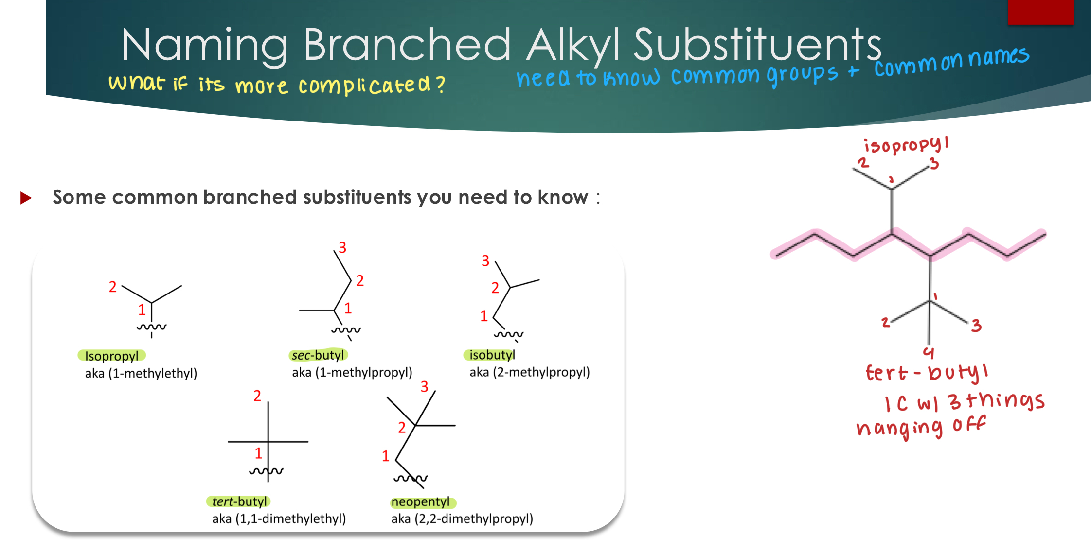 <p>When you have more than 1 of the same substituent, you must add a quantity prefix to the substituent name and include the carbon numbers for each substituent together</p>