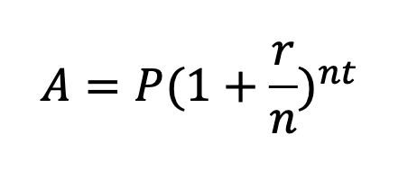 <p>A = amount of money accrued after t years&nbsp;</p><p>P = principal amount</p><p>r = rate of interest as a decimal</p><p>t = number of years</p><p>n = number of time the interest in compounded per year</p>