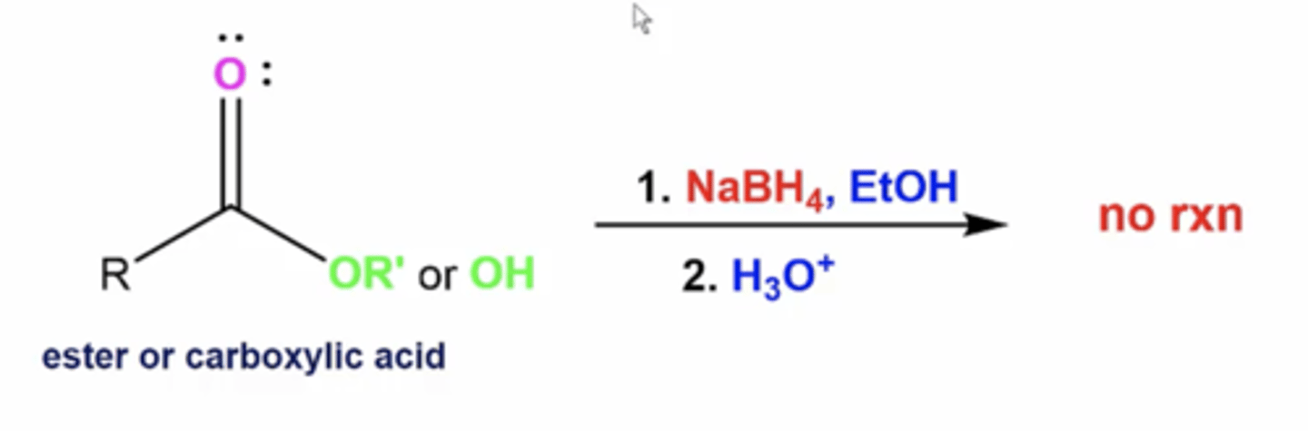 <p>no rxn because NaBH4 isn't a strong enough protonator</p>