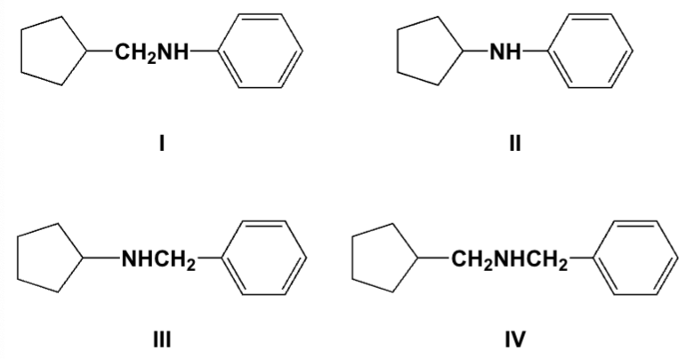 <p>Which is the major product of the reaction of cyclopentylamine and benzaldehyde followed by nickel and hydrogen?</p>
