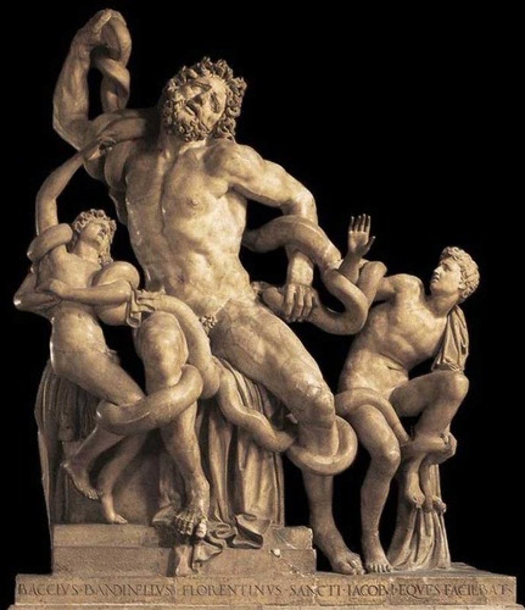 <p>- <span class="bgP">3rd-1st cent. bce</span> (debated due to discovery of figures from a cave at Sperlonga, which confuses chronology)</p><p>- <span class="bgP">by hagesandros, athanadoros, and polydoros</span></p><p>- <span class="bgP">from rome (italy)</span></p><p>- depicts Laocoon and his two sons getting attacked by snakes (called on by poseidon since Laocoon was going to warn Troy about the Trojan Horse)</p>