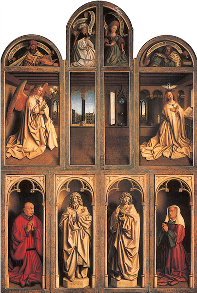 <p>Jan van Eyck, <em>Ghent Altarpiece</em>, 1432, oil on panel, height 11’6” (closed), approx 11’6” x 15’1” (open). Saint Bavo Cathedral, Ghent, Belgium.</p><p>(closed picture)</p>