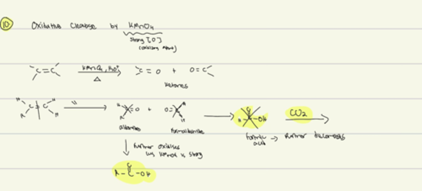 <p>-KMNO4 is a strong oxidizing agent</p><p>-If KMNO4 makes a aldehyde it is further oxidized to RCO2H</p><p>-IF KMNO4, makes a formaldehydte it is oxidized to formic acid but it decomposes to CO2 which is the final product</p>