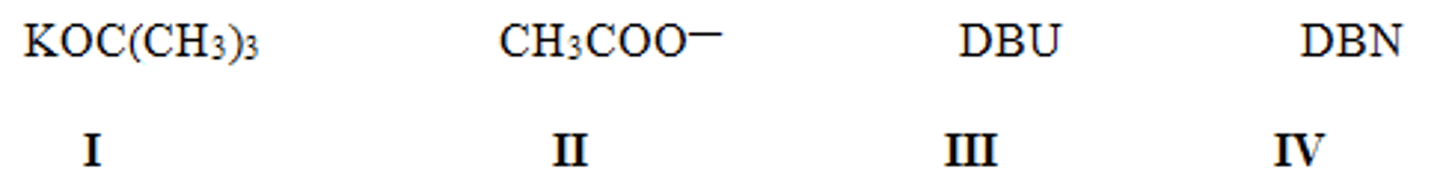 <p>Which of the following is most likely to react as a nucleophile rather than a base?</p><p>A) I</p><p>B) II</p><p>C) III</p><p>D) IV</p>